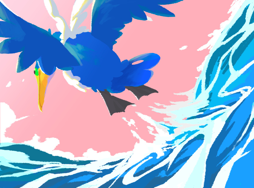 animal_focus, beak, bird, closed_mouth, commentary_request, cramorant, from_below, green_eyes, highres, john_(kyoj), no_humans, pink_sky, pokemon, pokemon_(creature), solo, water