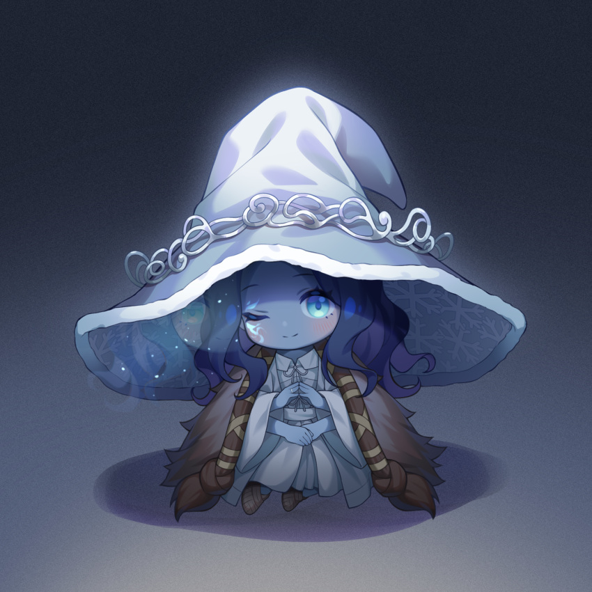 1girl, blue_eyes, blue_hair, blue_skin, blush, brown_footwear, chibi, chinese_commentary, closed_mouth, collared_dress, colored_skin, commentary, dress, elden_ring, extra_arms, extra_faces, fon_(forevermenories), full_body, fur_cloak, glowing_tattoo, gradient, gradient_background, hat, highres, jewelry, long_hair, long_sleeves, looking_at_viewer, miniature_ranni, one_eye_closed, ranni_the_witch, ring, shadow, sitting, smile, solo, white_dress, wide_sleeves, witch, witch_hat, yokozuwari