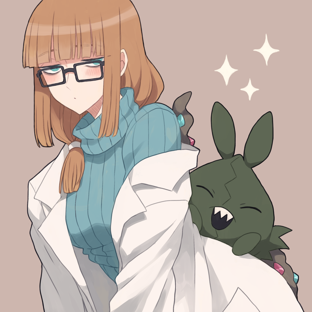 1girl, bangs, black-framed_eyewear, blunt_bangs, blush, breasts, brown_hair, closed_mouth
