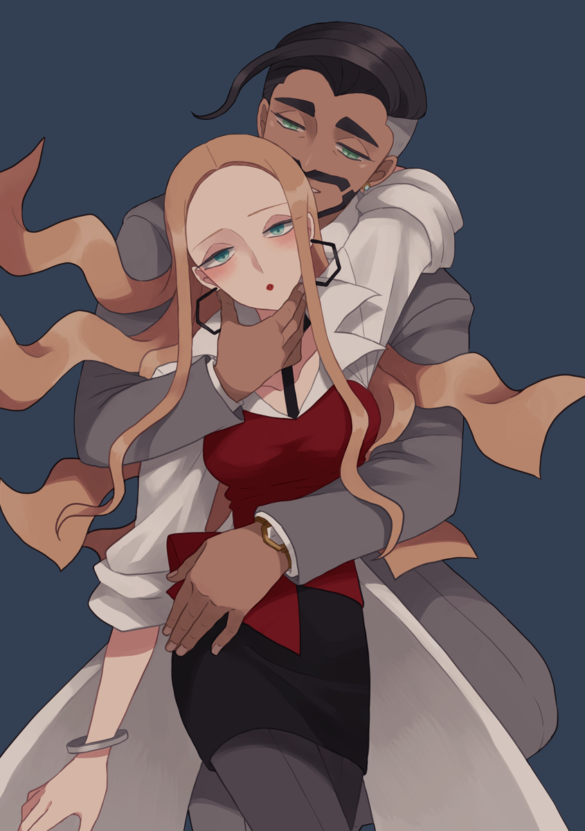 1boy, 1girl, black_choker, black_hair, black_skirt, blonde_hair, blouse, blue_background