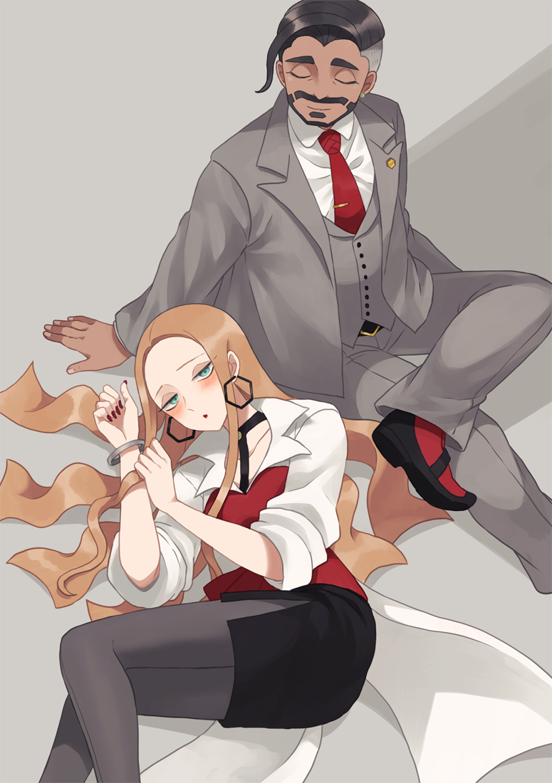 1boy, 1girl, arm_support, belt, black_choker, black_hair, black_skirt, blonde_hair