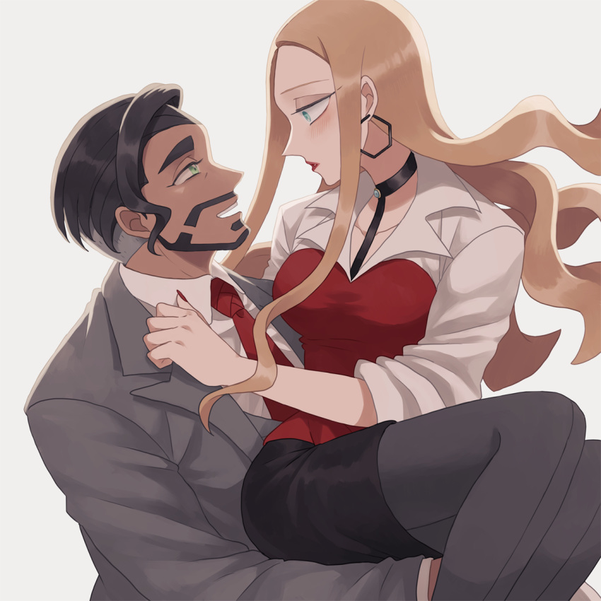 1boy, 1girl, black_choker, black_hair, black_skirt, blonde_hair, blouse, blush