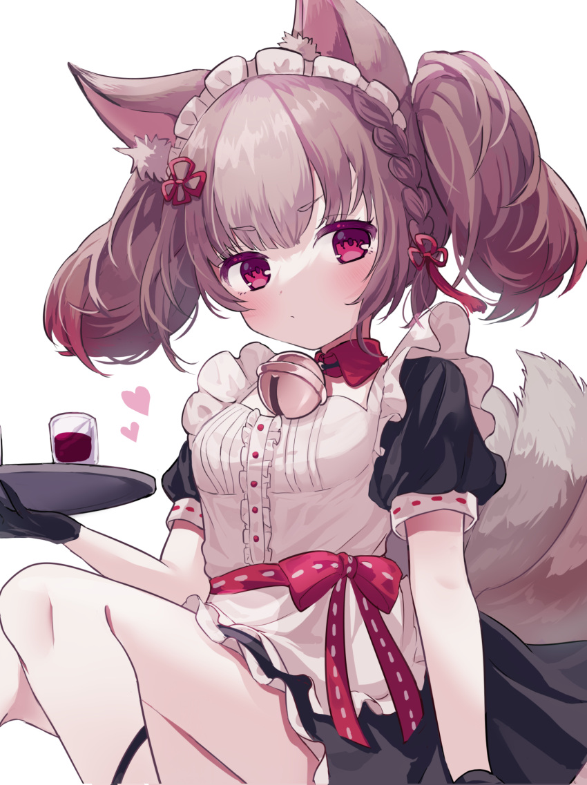 1girl, animal_ear_fluff, animal_ears, apron, bangs, bell, black_dress, black_gloves, braid, brown_hair, center_frills, collar, cup, detached_collar, dress, drinking_glass, eyebrows_visible_through_hair, feet_out_of_frame, fox_ears, fox_girl, fox_tail, frilled_apron, frills, gloves, grey_hair, highres, holding, holding_tray, jingle_bell, karunabaru, kitsune, knees_together_feet_apart, maid, maid_headdress, multicolored_hair, neck_bell, pleated_dress, puffy_short_sleeves, puffy_sleeves, red_collar, red_eyes, sekka_(shadowverse), shadowverse, short_sleeves, simple_background, solo, tail, thick_eyebrows, tray, twintails, two-tone_hair, white_apron, white_background, wing_collar