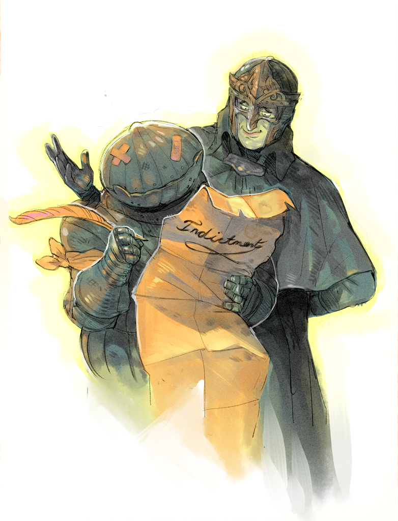 1boy, 1girl, armor, covered_face, dark_souls_(series), full_armor, gauntlets, height_difference