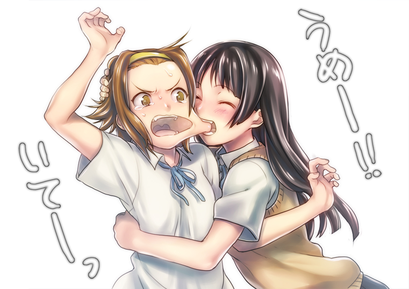 akiyama_mio, al_bhed_eyes, baruterome, biting, black_hair, blush, brown_eyes, brown_hair