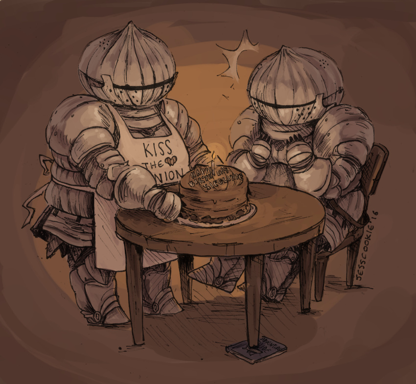 1boy, 1girl, armor, birthday_cake, cake, covered_face, dark_souls_(series), father_and_daughter