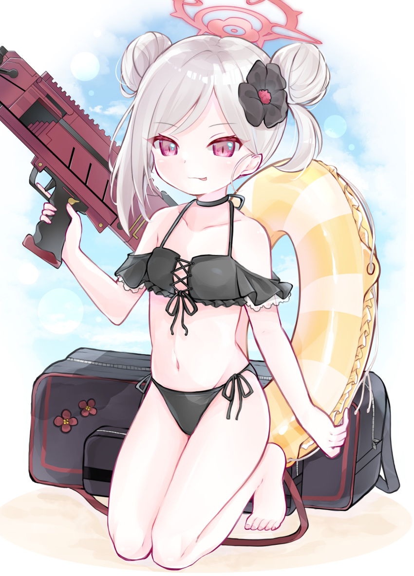 1girl, :p, bangs, bare_legs, bare_shoulders, barefoot, bikini, black_bikini, black_choker, black_flower, blue_archive, choker, closed_mouth, collarbone, commentary_request, double_bun, eyebrows_visible_through_hair, flower, frilled_bikini, frilled_innertube, frills, grey_hair, gun, hair_flower, hair_ornament, halo, highres, holding, holding_gun, holding_weapon, innertube, kneeling, looking_at_viewer, mutsuki_(blue_archive), navel, ni_kiro, red_eyes, side-tie_bikini, smile, solo, swept_bangs, swimsuit, tongue, tongue_out, two_side_up, weapon