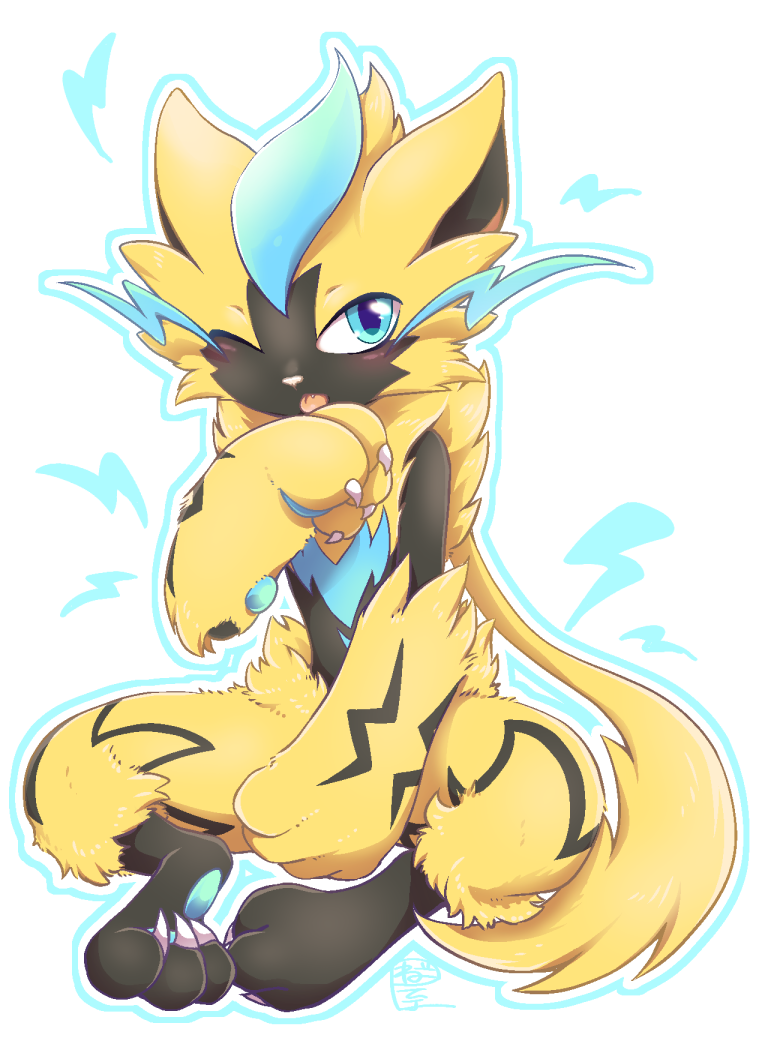 1other, androgynous, animal_ears, animal_feet, animal_hands, animal_nose, artist_name, black_fur, blue_eyes, blue_outline, blush, body_fur, cat_ears, cat_tail, claws, commentary_request, fang, full_body, furry, hand_up, indian_style, light_blush, lightning_bolt_symbol, looking_at_viewer, multicolored_hair, negoya, one_eye_closed, open_mouth, other_focus, outline, partial_commentary, pawpads, pokemon, pokemon_(creature), signature, sitting, solo, tail, tongue, tongue_bath, tongue_out, two-tone_hair, whiskers, yellow_fur, zeraora