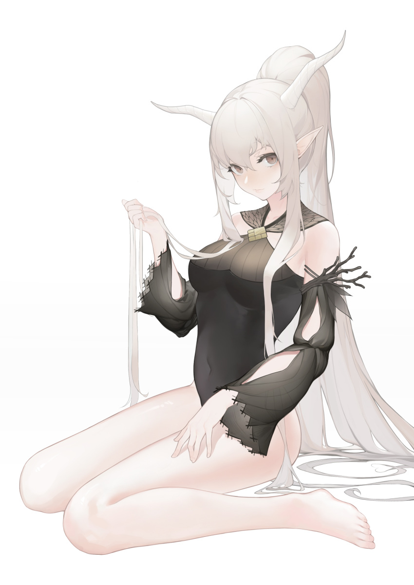 absurdres, alternate_costume, arknights, bangs, bare_legs, bare_shoulders, barefoot, black_swimsuit