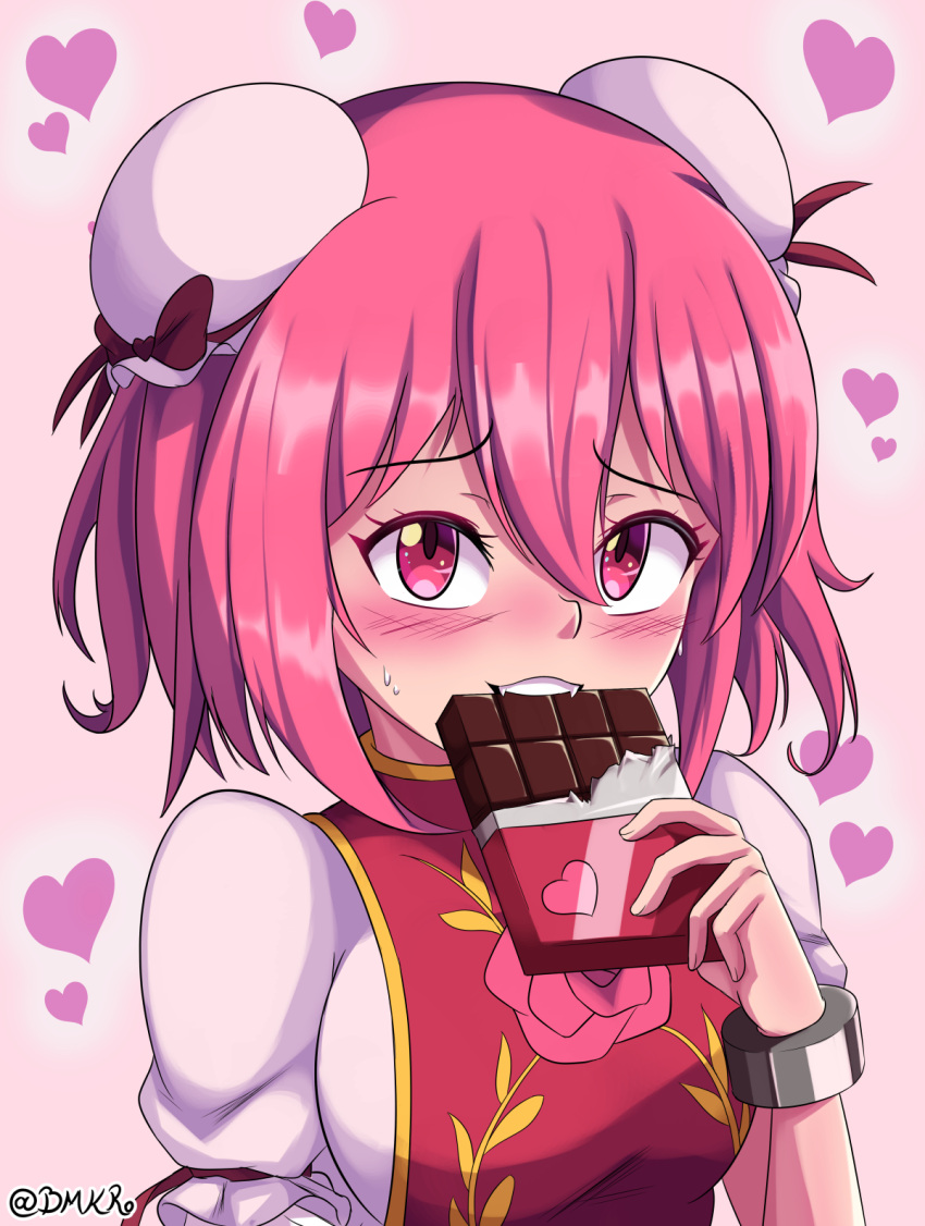 1girl, blush, bmkro, breasts, bun_cover, candy, candy_bar, chocolate