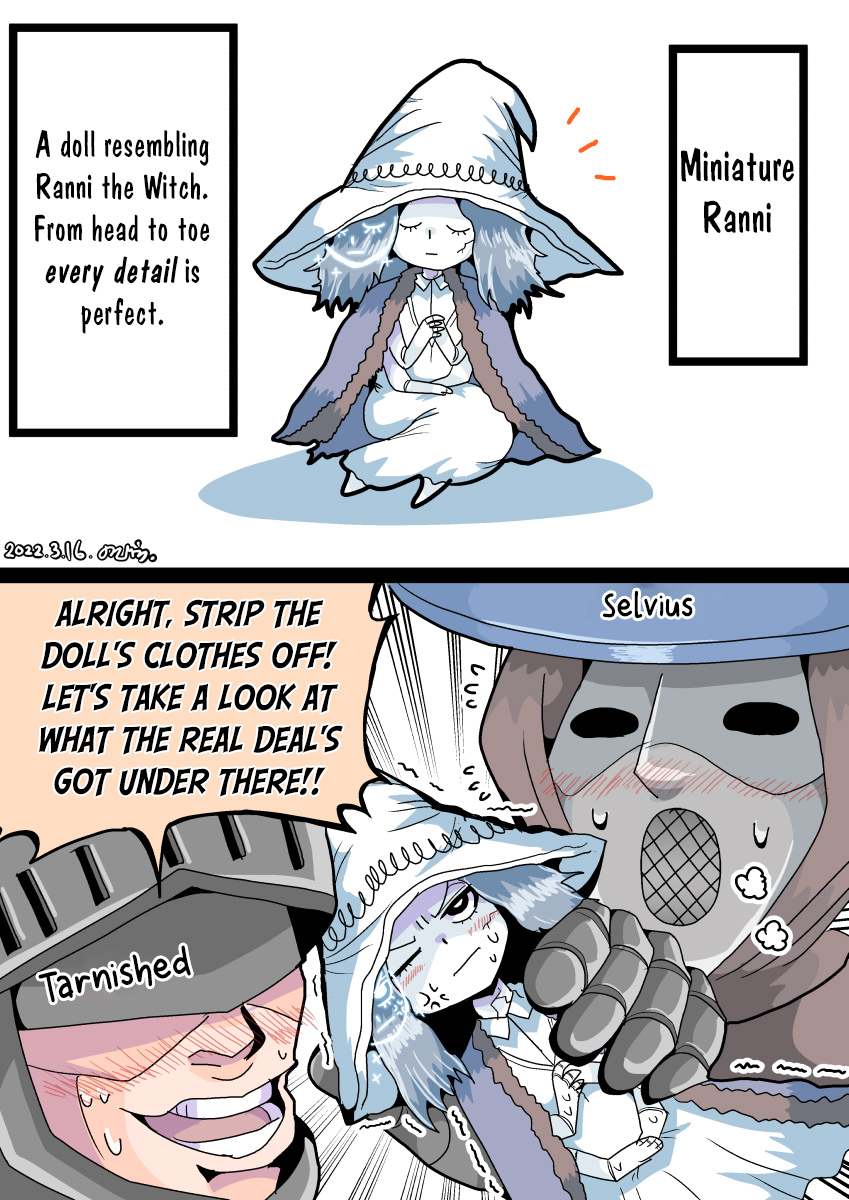 1girl, 2boys, angry, blue_hair, blue_skin, blush, closed_eyes, colored_skin, elden_ring, extra_arms, extra_faces, fur_coat, hard_translated, hat, helmet, highres, holding, long_hair, miniature_ranni, minigirl, multiple_boys, noda_ryo, one_eye_closed, own_hands_together, pervert, preceptor_seluvis, ranni_the_witch, robe, shaking, simple_background, spoilers, sweat, tarnished_(elden_ring), teeth, third-party_edit, third-party_source, translated, white_robe, witch, witch_hat