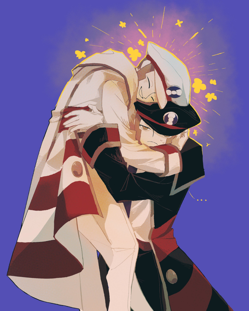2boys, absurdres, black_coat, brothers, cabbie_hat, coat, emmet_(pokemon), gloves, grey_hair, guestwot, hat, highres, hug, ingo_(pokemon), multiple_boys, peaked_cap, pokemon, pokemon_(game), pokemon_bw, siblings, sideburns, smile, twins, white_coat