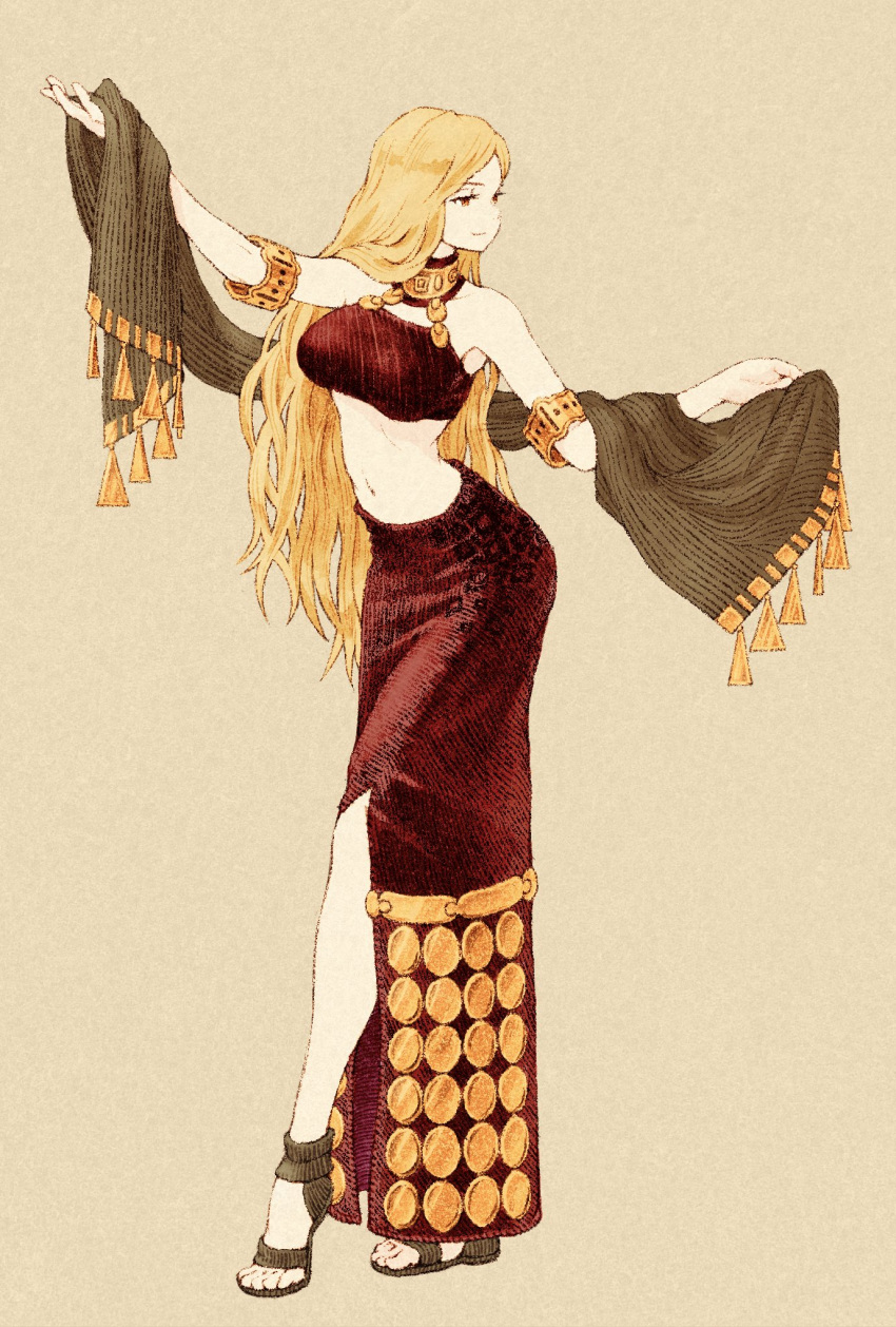 1girl, blonde_hair, breasts, closed_mouth, dancer, dancer_(fft), final_fantasy, final_fantasy_tactics, full_body, highres, jewelry, long_hair, midriff, navel, shinichi_kobe, simple_background, smile, solo, toeless_footwear, toes