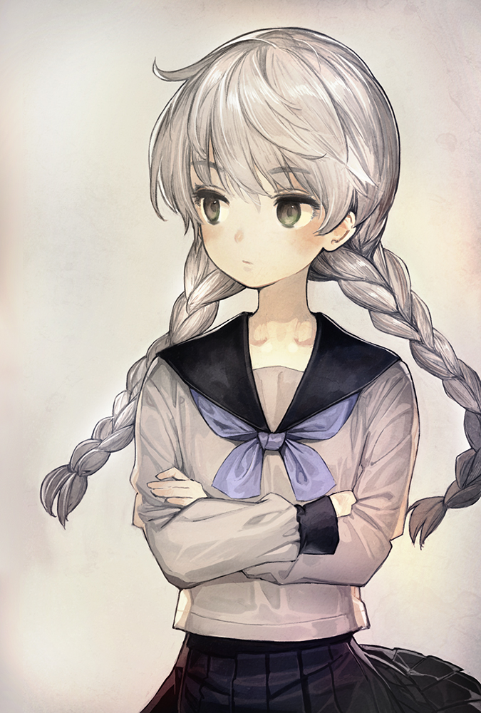 1boy, bangs, black_skirt, braid, closed_mouth, crossdressing, crossed_arms, eyebrows_visible_through_hair