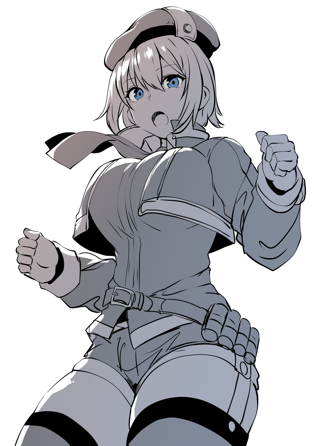 1girl, ammunition_belt, ao_no_kiseki, banned_artist, belko, belt, beret, blue_eyes