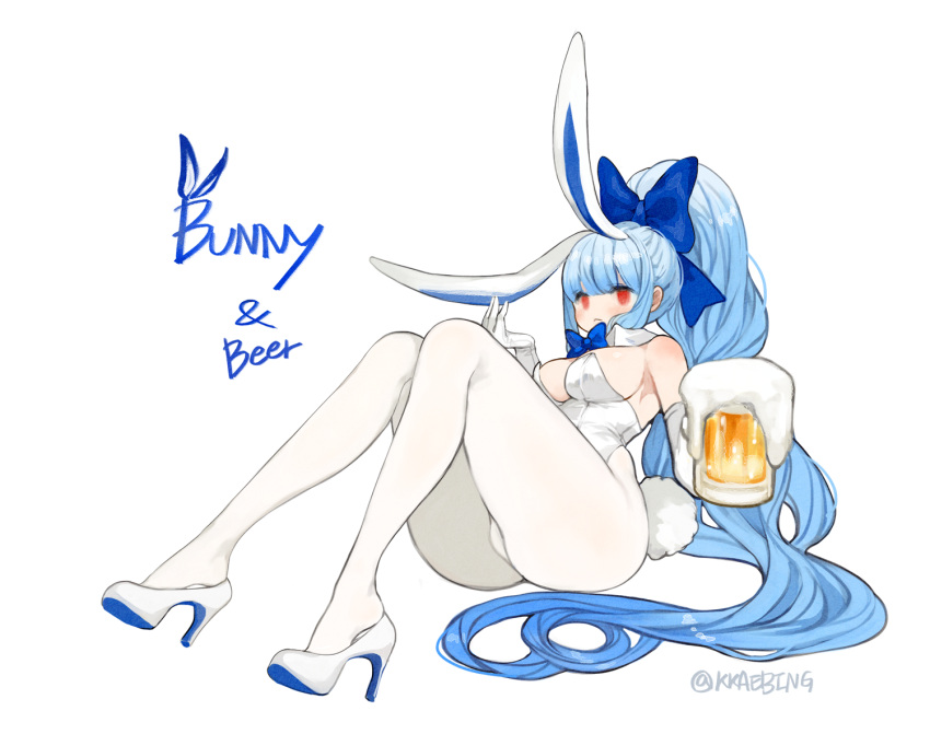 1girl, :<, animal_ears, artist_name, bangs, bare_shoulders, beer_mug, blue_bow