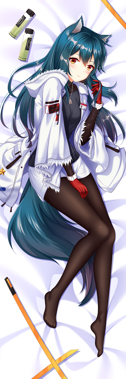 1girl, animal_ears, arknights, bangs, bed, bed_sheet, black_hair, closed_mouth