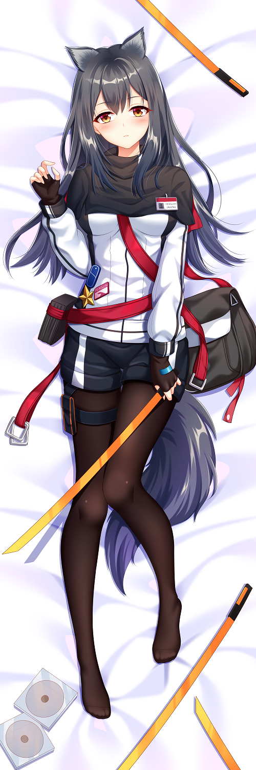 1girl, animal_ears, arknights, bangs, bed, bed_sheet, black_gloves, black_hair