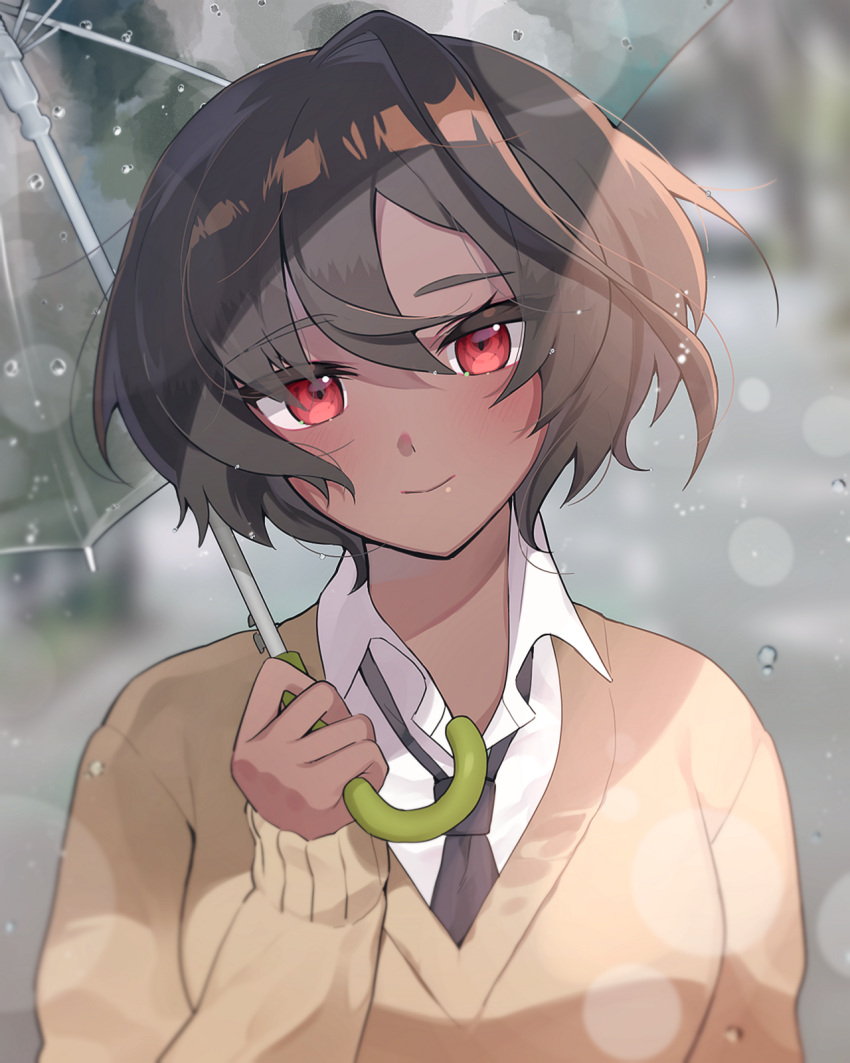 1girl, blurry, blurry_background, blush, bokeh, brown_hair, closed_mouth, collared_shirt