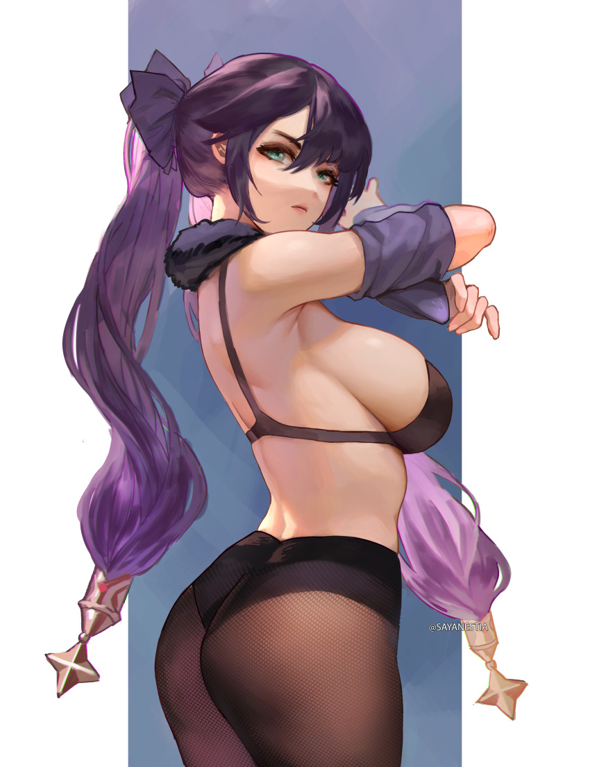 1girl, absurdres, aqua_eyes, ass, bare_shoulders, black_bra, black_legwear, bra, breasts, fishnet_legwear, fishnets, fur_trim, genshin_impact, hair_ornament, highres, large_breasts, looking_at_viewer, mona_(genshin_impact), panties, panties_under_pantyhose, pantyhose, purple_hair, sayanestia, sideboob, solo, star_(symbol), star_hair_ornament, underwear