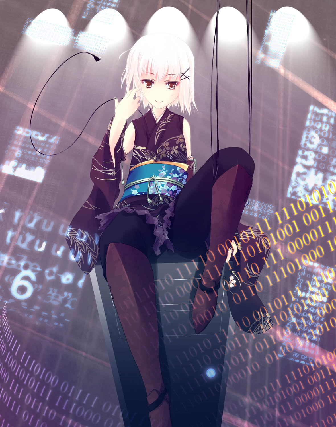 boots, brown_eyes, computer, detached_sleeves, floral_print, hair_ornament, hairclip, highres