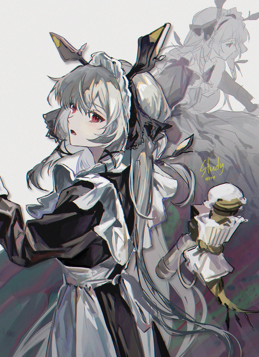 1girl, alternate_costume, animal_ears, apron, arknights, bangs, black_dress, blush