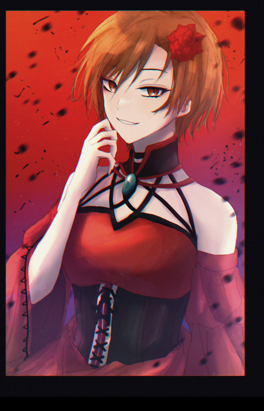1girl, akujiki_musume_conchita_(vocaloid), banica_conchita, bare_shoulders, brown_eyes, brown_hair, corset, detached_sleeves