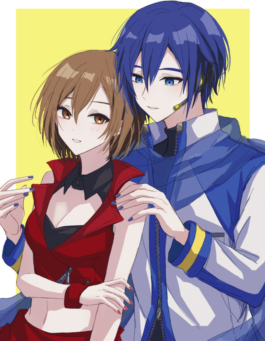 1boy, 1girl, blue_eyes, blue_hair, brown_eyes, brown_hair, coat, crop_top, earphones, hand_on_own_arm, hands_up, highres, kaito, kaito_(vocaloid), kaito_(vocaloid3), meiko, meiko_(vocaloid3), nail_polish, parted_lips, peng_vmd, project_sekai, scarf, short_hair, sleeveless, smile, vocaloid, wrist_cuffs