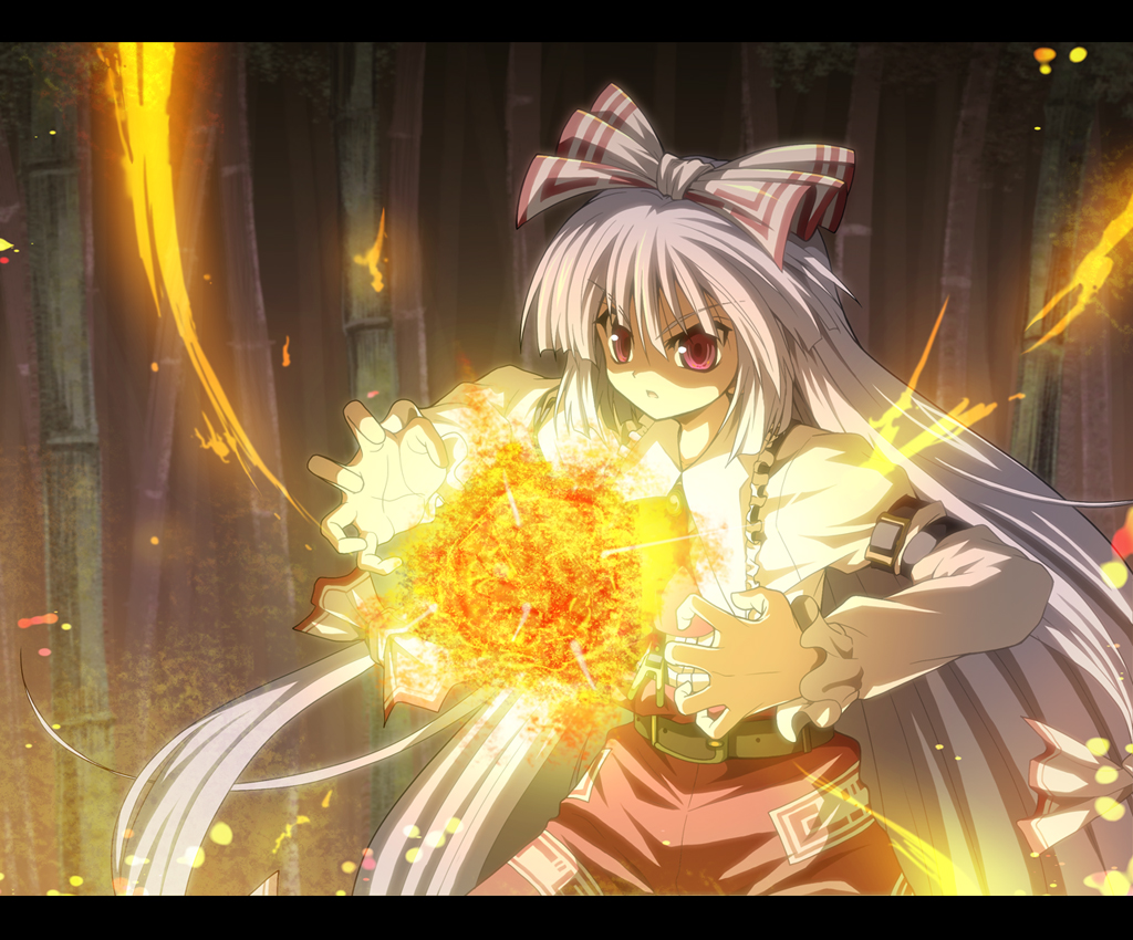 bow, fire, fujiwara_no_mokou, hair_bow, hair_ribbon, long_hair, neko_beretta, red_eyes