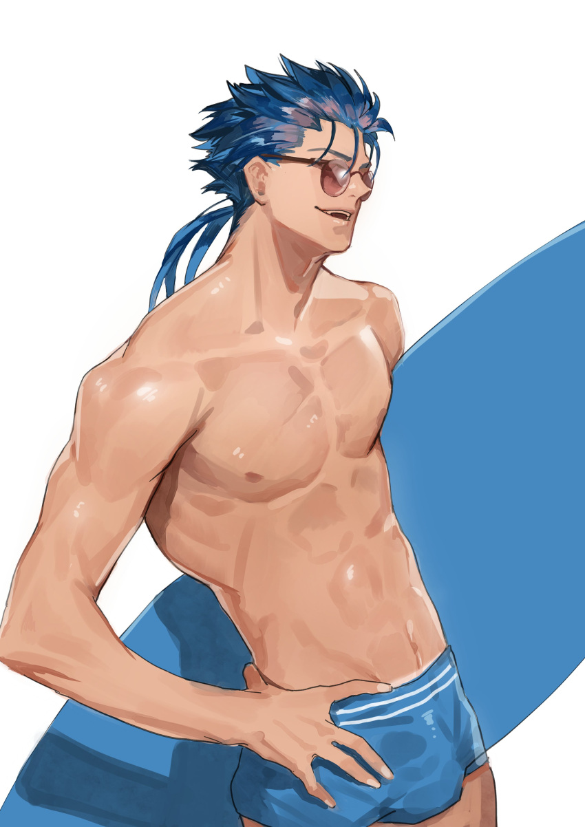 1boy, abs, absurdres, alternate_costume, aqua_male_swimwear, blue_hair, blue_male_swimwear, bok, commentary_request, cu_chulainn_(fate), cu_chulainn_(fate/stay_night), fate/grand_order, fate/hollow_ataraxia, fate/stay_night, fate_(series), feet_out_of_frame, glasses, hand_on_hip, highres, holding, holding_surfboard, korean_commentary, long_hair, looking_away, male_focus, male_swimwear, ponytail, red_eyes, simple_background, smile, solo, surfboard, swim_trunks, swimsuit, toned, toned_male, white_background