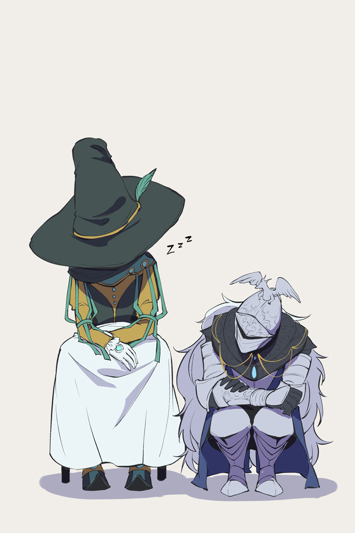 1boy, 1other, ambiguous_gender, armor, black_headwear, chair, elden_ring, full_armor