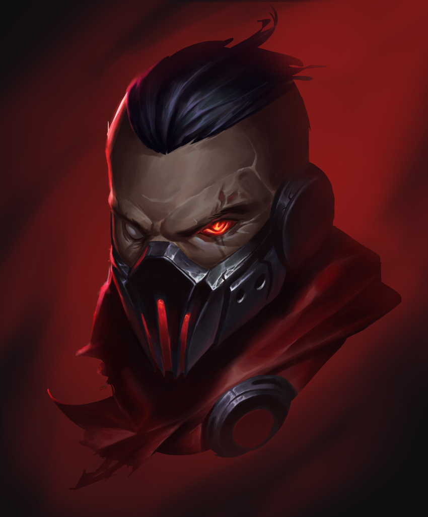 1boy, absurdres, alternate_costume, black_hair, cropped_head, hair_slicked_back, highres, kong_ling_hai, league_of_legends, male_focus, mask, mouth_mask, no_pupils, red_background, red_eyes, shiny, shiny_hair, short_hair, singed, solo