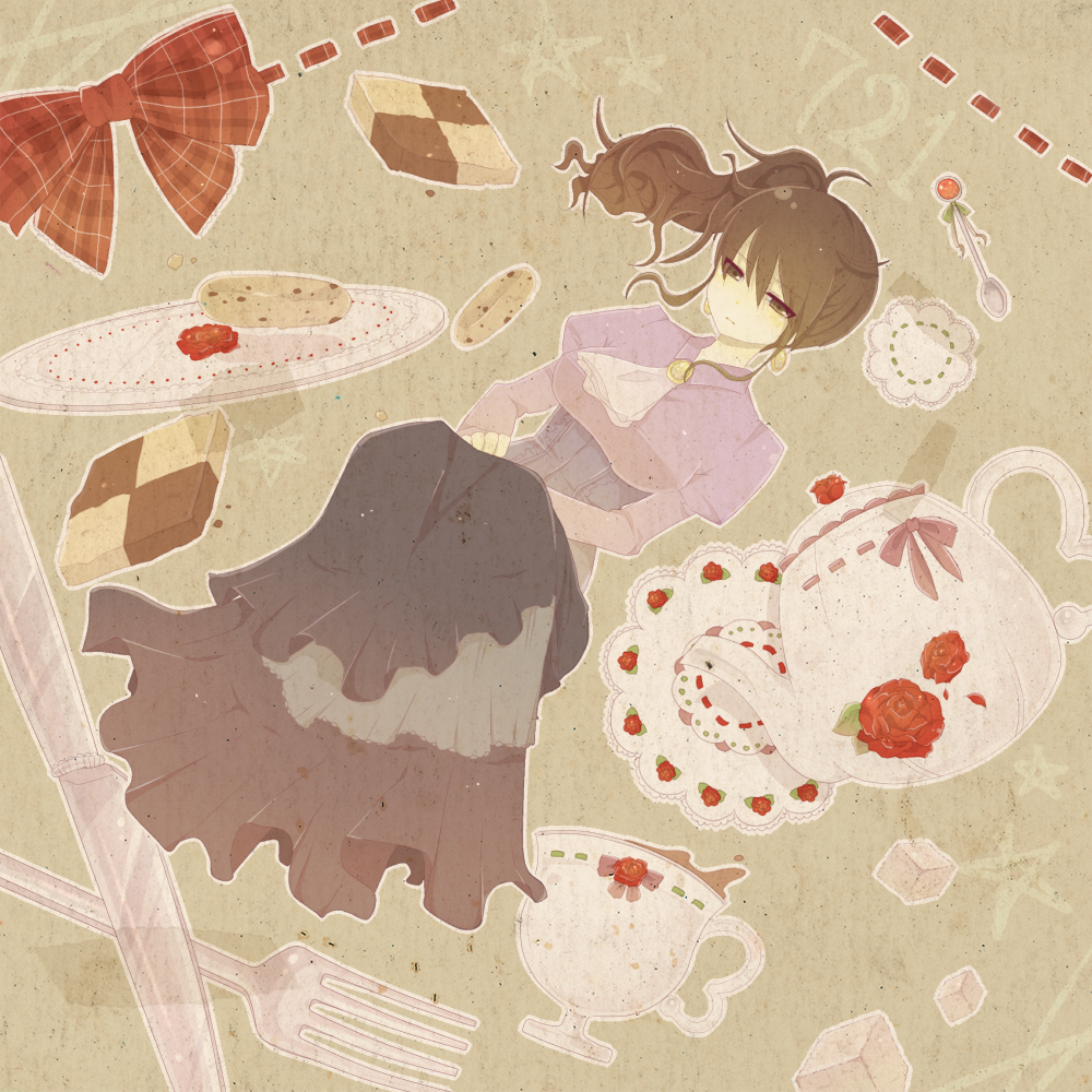bad_id, brown_hair, checkerboard_cookie, cookie, cup, flower, food, ribbon
