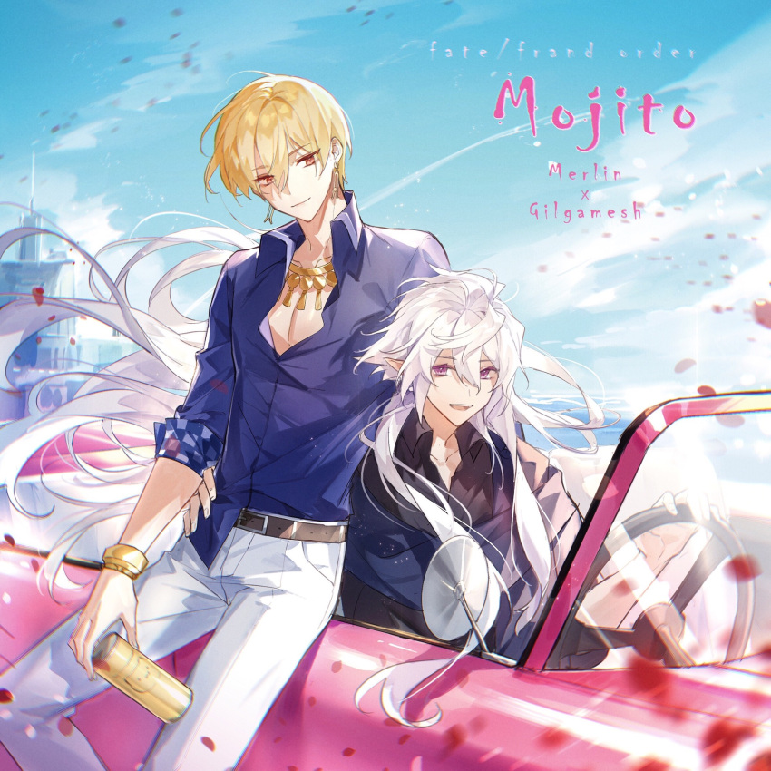 2boys, ahoge, alternate_costume, background_text, bangs, black_shirt, blonde_hair, blue_shirt
