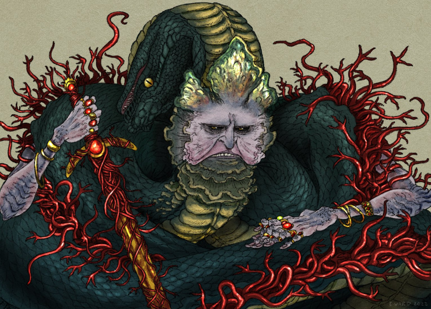 1boy, black_sclera, colored_sclera, dated, elden_ring, emma_ward, frown, gold_bracelet