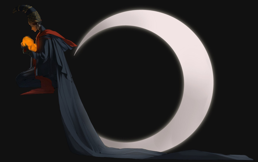 1girl, black_background, black_dress, cape, closed_mouth, crescent_moon, dress, elden_ring
