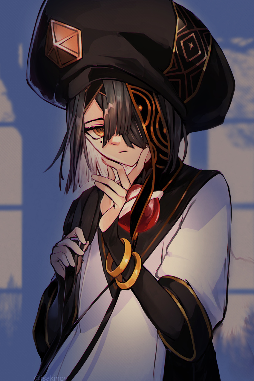 1girl, absurdres, black_hair, black_headwear, breasts, bridal_gauntlets, brown_eyes, chinese_clothes