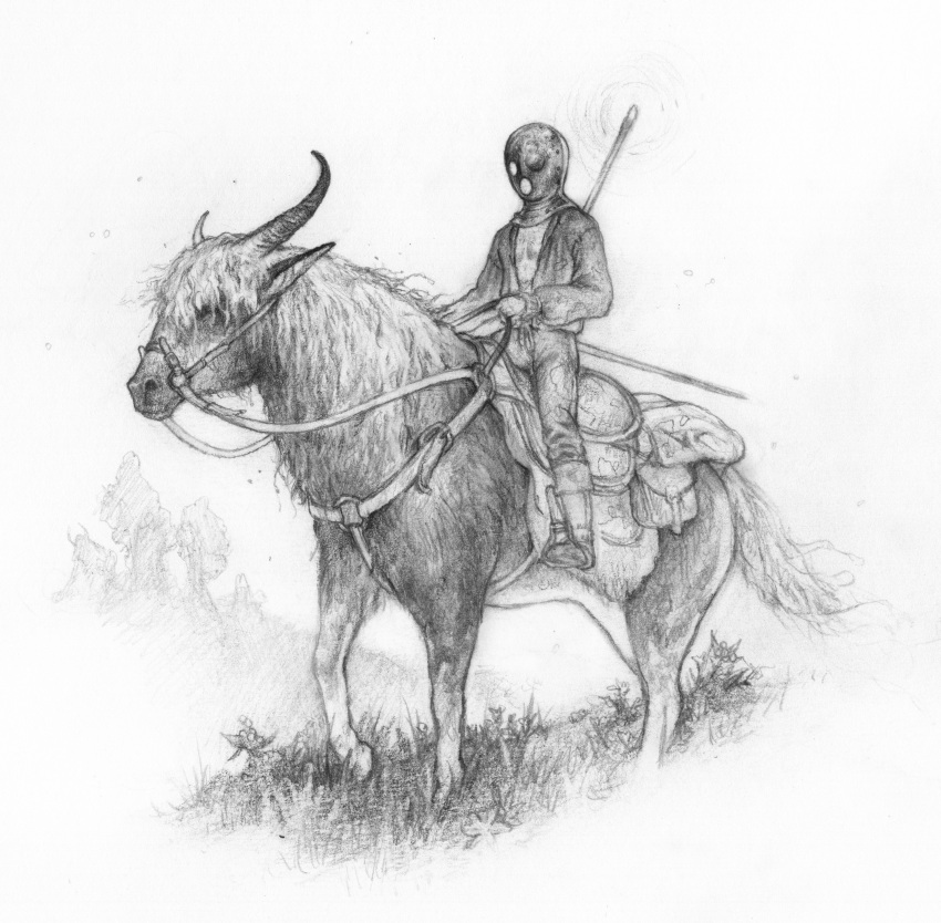 absurdres, boots, elden_ring, graphite_(medium), helmet, highres, holding, holding_reins