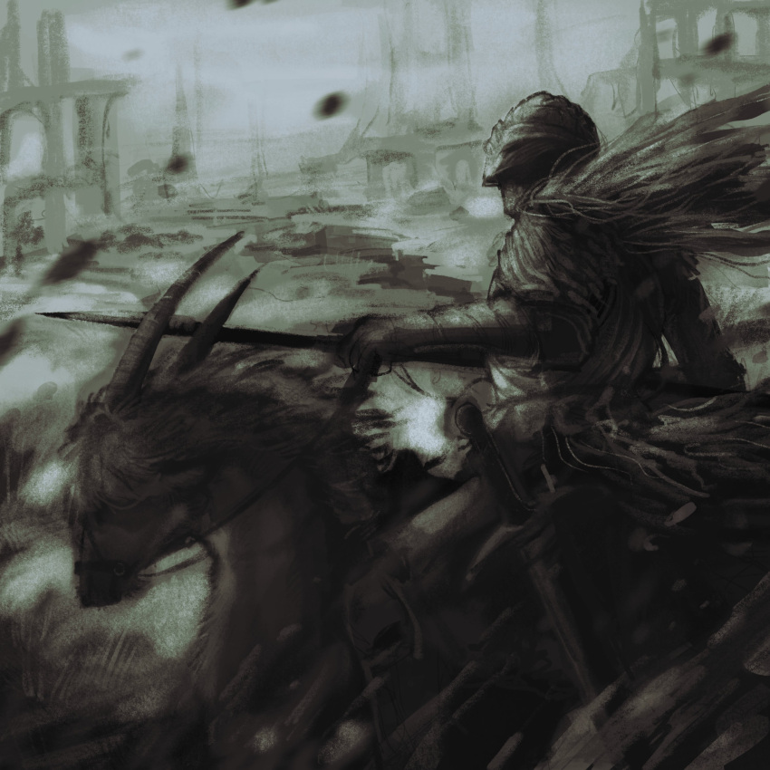 1other, absurdres, ambiguous_gender, armor, bloody_wolf_(elden_ring), elden_ring, floating_hair, from_side, full_armor, green_theme, helmet, highres, holding, holding_polearm, holding_weapon, horseback_riding, monochrome, polearm, quortknee, riding, spear, tarnished_(elden_ring), torrent_(elden_ring), weapon