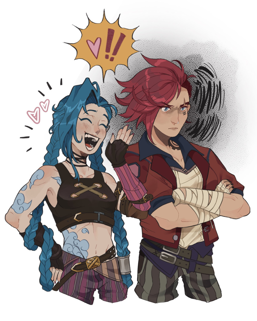 !, !!, 2girls, :d, arcane:_league_of_legends, arcane_jinx, arcane_vi, arm_tattoo, bandaged_arm, bandages, bangs, bare_shoulders, belt, blue_hair, braid, brown_belt, brown_pants, character_name, collarbone, crossed_arms, fingerless_gloves, gloves, heart, highres, jacket, jinx_(league_of_legends), league_of_legends, long_hair, multiple_girls, open_clothes, open_jacket, pants, peg_(deviledfisheggs), pink_pants, red_jacket, redhead, shoulder_tattoo, siblings, sisters, smile, stomach_tattoo, striped, striped_pants, swept_bangs, tattoo, teeth, twin_braids, vi_(league_of_legends)