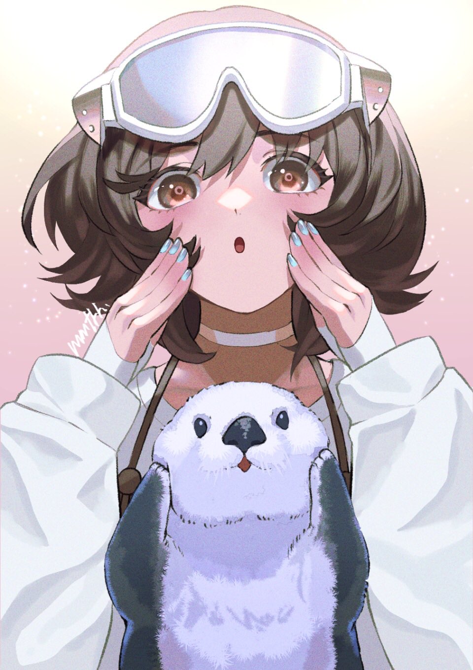 1girl, :o, animal, arknights, bangs, blue_nails, blush, brown_eyes
