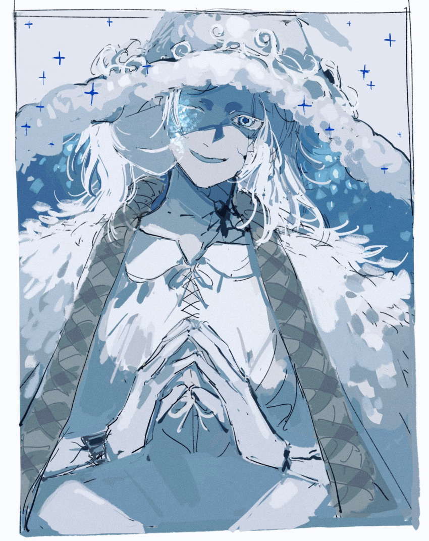1girl, :d, blue_eyes, blue_theme, dress, elden_ring, extra_faces, fur_cloak
