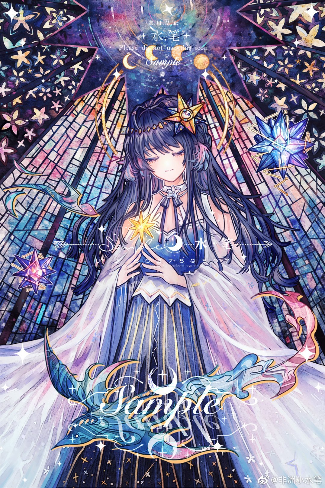 1girl, alternate_costume, arknights, astesia_(arknights), bird, blue_dress, blue_hair, closed_eyes, dress, eyelashes, feet_out_of_frame, fingers_together, floral_print, flying, hair_ornament, halo, highres, long_hair, long_sleeves, moon_phases, nebula, polaris_(star), ribbon, sample_watermark, sky, slight_smile, smile, solo, spirit, stained_glass, standing, star_(sky), star_(symbol), star_trail, starry_sky
