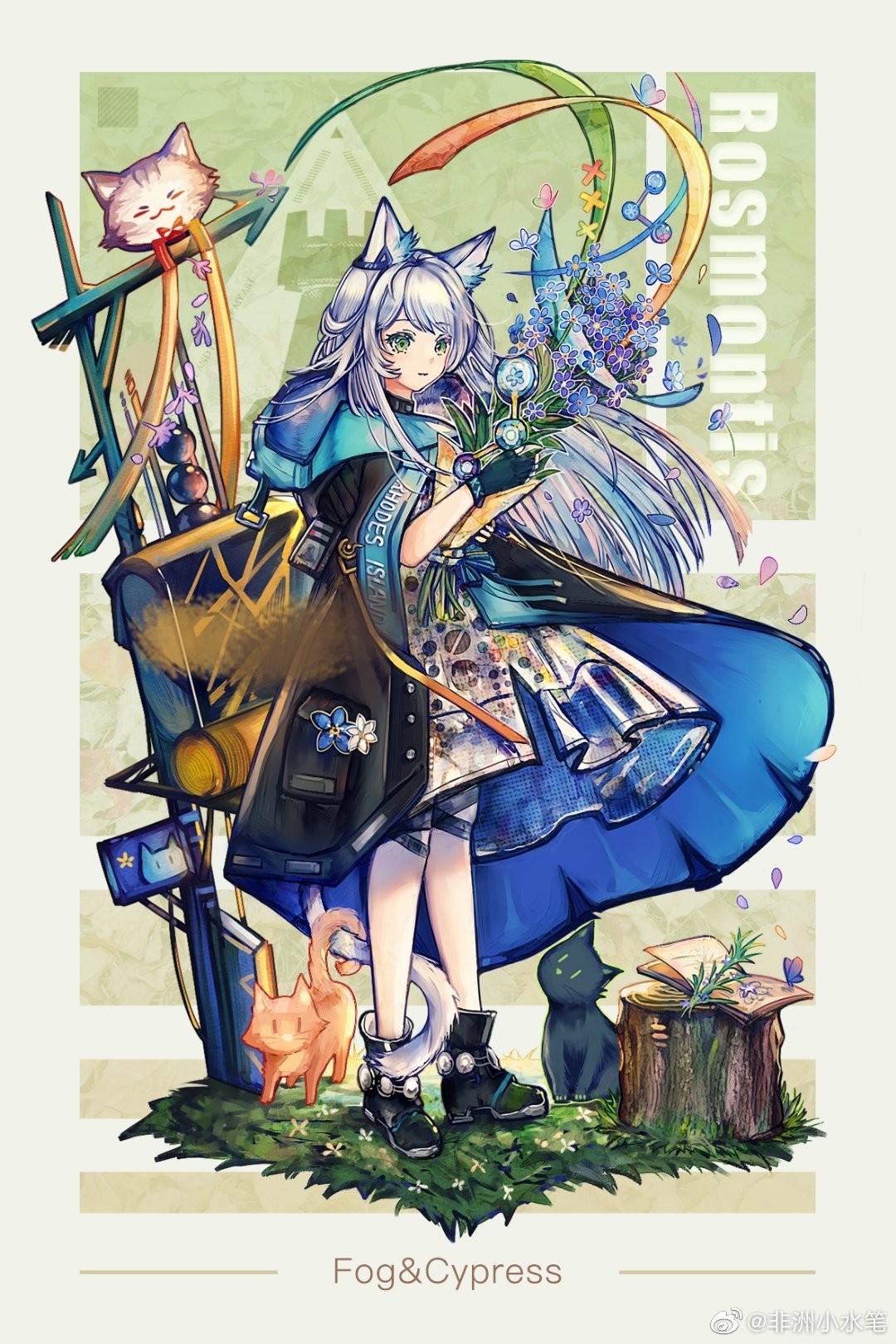 1girl, animal_ear_fluff, animal_ears, arknights, blue_hair, book, boots, bouquet