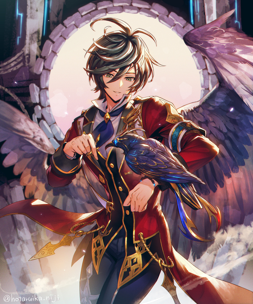 1boy, ascot, bird, bird_on_hand, black_eyes, black_hair, black_pants, coat, commentary_request, crow, gold_trim, highres, hotaruika_niji, malphas_(megido72), megido72, pants, shirt, short_hair, smile, white_shirt, wings