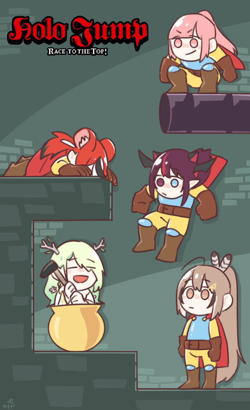 5girls, :/, :d, absurdres, animal_ears, antlers, belt, blue_eyes