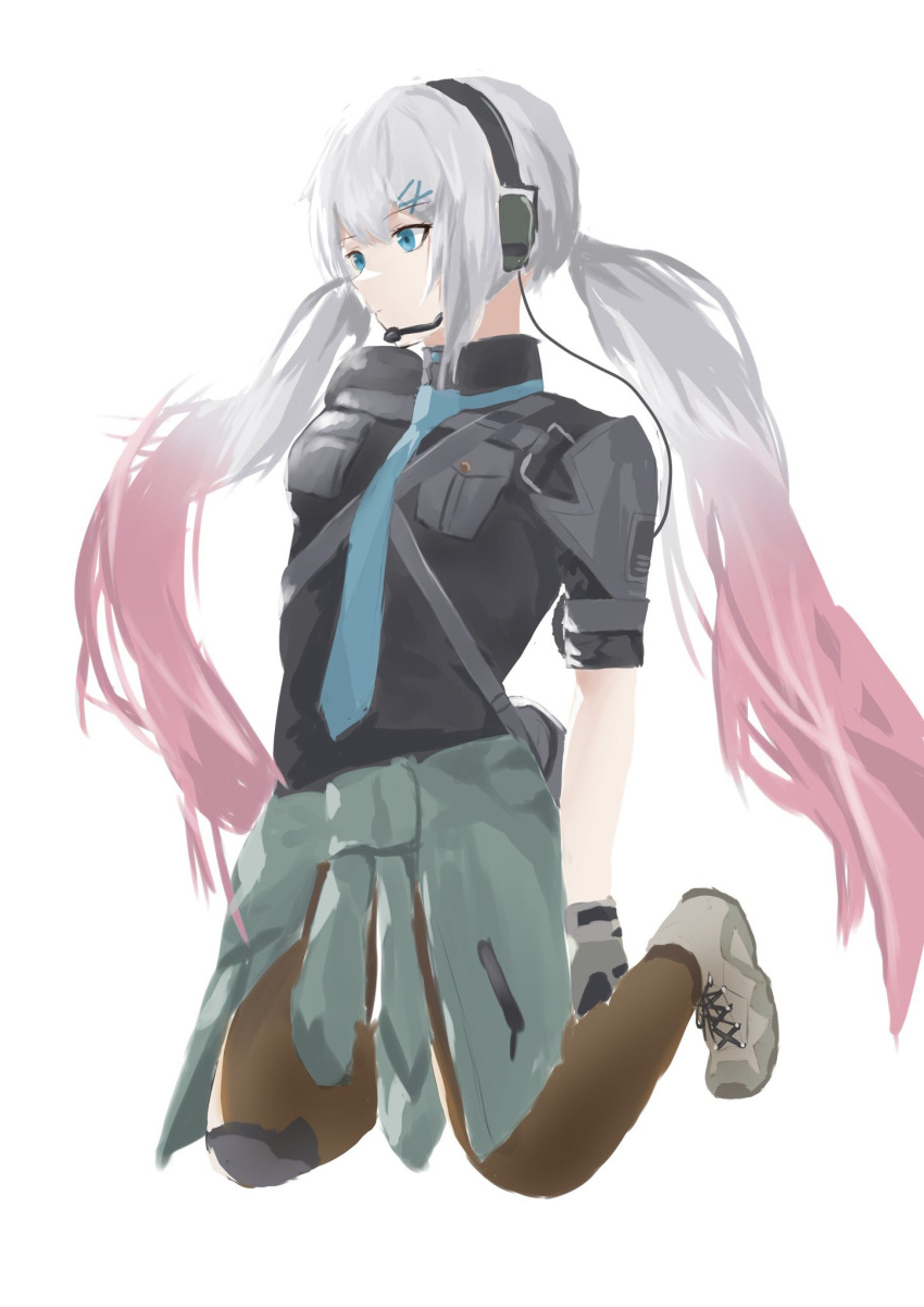 1girl, aqua_eyes, aqua_necktie, arms_behind_back, bangs, black_legwear, black_shirt, closed_mouth