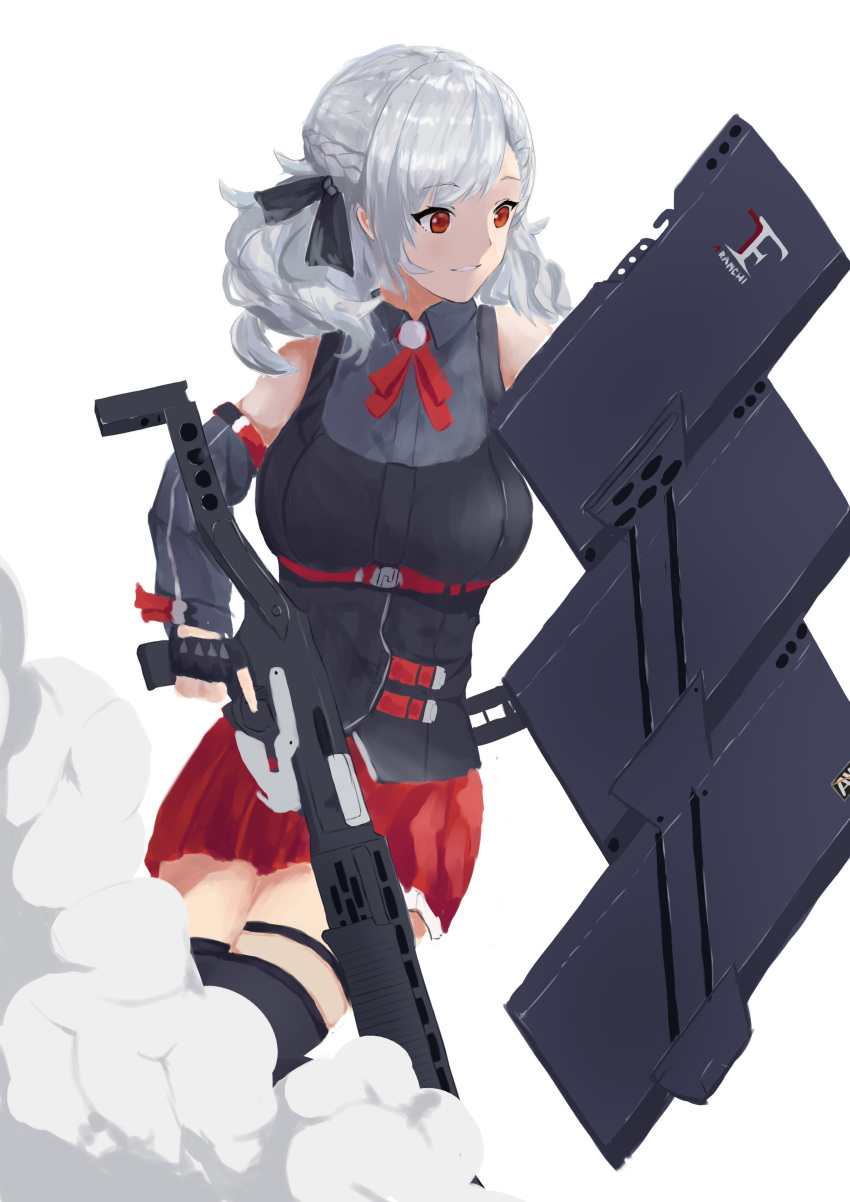 1girl, absurdres, bangs, black_gloves, black_legwear, breasts, eyebrows_visible_through_hair, feet_out_of_frame