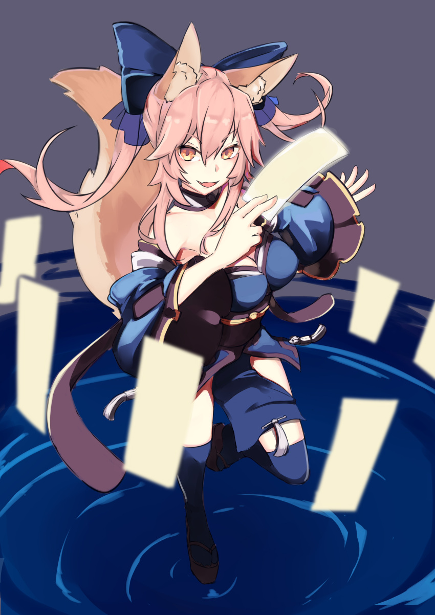 1girl, absurdres, animal_ears, arion910, bangs, blue_bow, blue_kimono, bow, breasts, commentary, detached_collar, detached_sleeves, english_commentary, fang, fate/extra, fate_(series), fox_ears, fox_girl, fox_tail, full_body, grey_background, hair_bow, highres, japanese_clothes, kimono, long_hair, long_sleeves, looking_at_viewer, obi, open_mouth, pelvic_curtain, pink_hair, platform_footwear, sash, sidelocks, skin_fang, solo, split_ponytail, standing, standing_on_one_leg, tail, talisman, tamamo_(fate), tamamo_no_mae_(fate/extra), thigh-highs, tongue, water, wide_sleeves, yellow_eyes, zettai_ryouiki