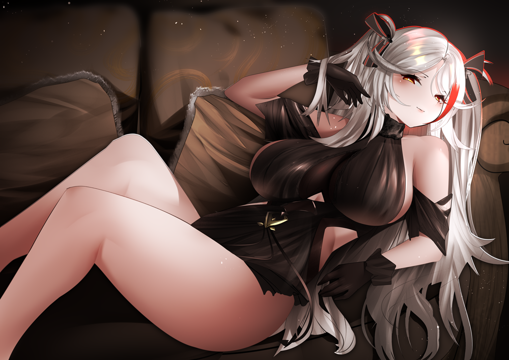 1girl, azur_lane, bangs, black_dress, black_gloves, blush, breasts, closed_mouth